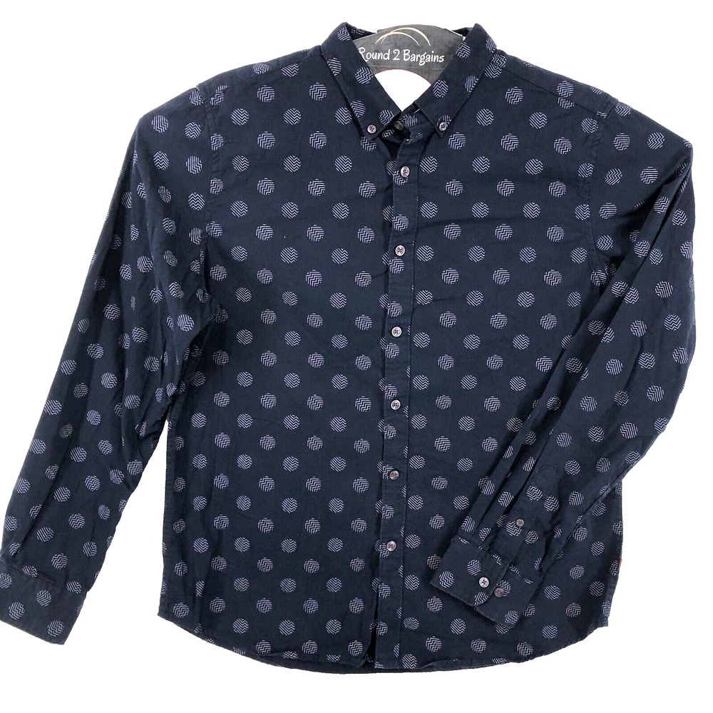 Denim‎ & Flower Shirt Men's L Blue Polka Dot Slim fit Long Sleeve Button Casual